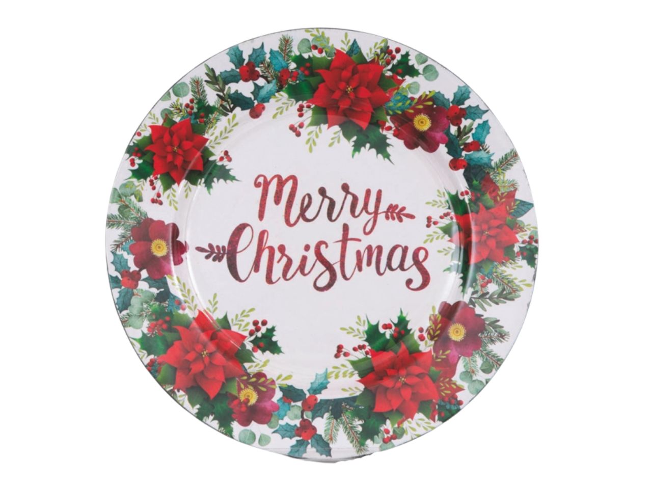 Piatto in plastica tondo cm.33 bianco decorato con stelle natalizie rosse