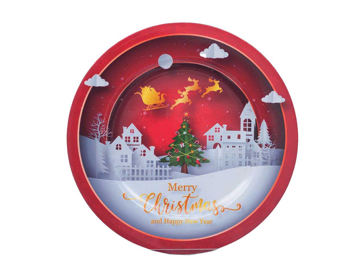 Piatto plastica tondo cm.33 rosso decorato con case bianche stilizzate