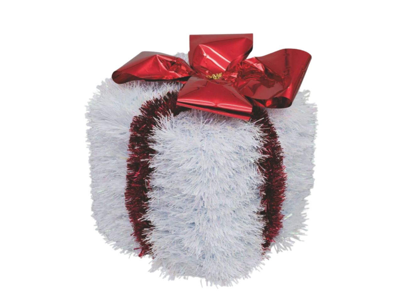 Pacco regalo cm.13 decorato con filo rosso in metallo fiocco bianco iridescente