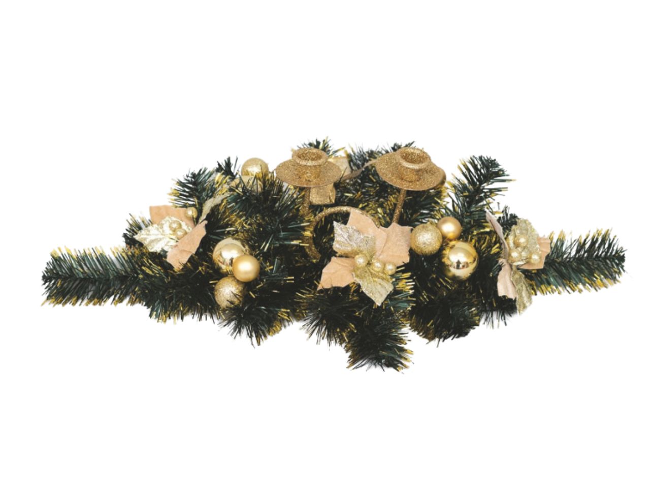 Portacandela con ferro cm.55x25h oro decorato con rami stelle, sfere, fiocchi oro