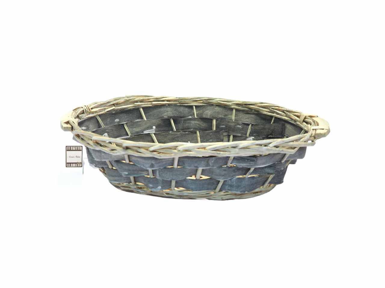 Cesto ovale in legno naturale con maniglie misura 46x36xh.12cm con fascia grigia
