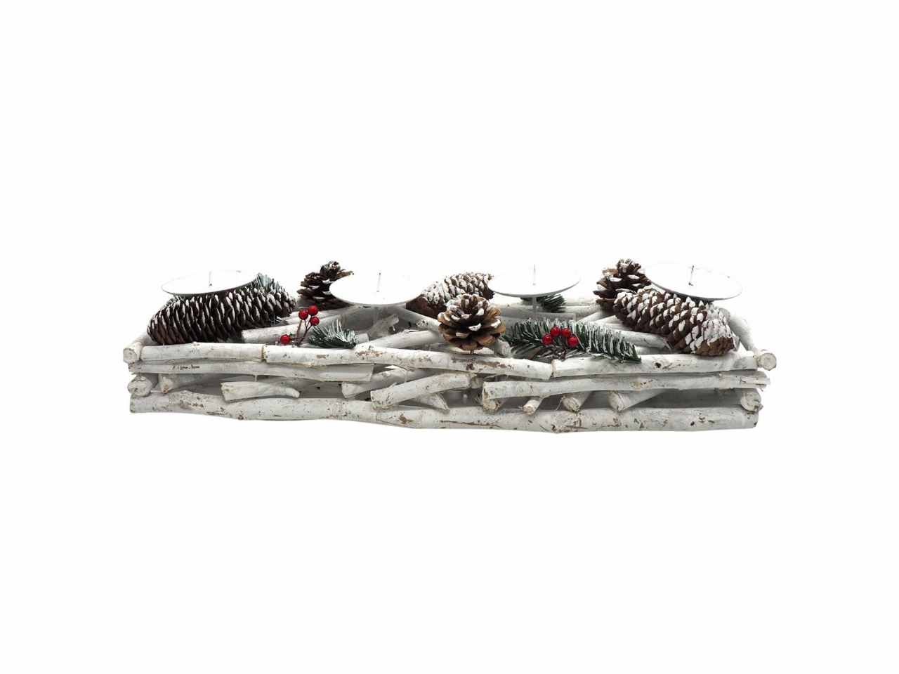 P.candela legni innevati rett. c/pigne/bacche rosse 12x50x14cmc/4punz.