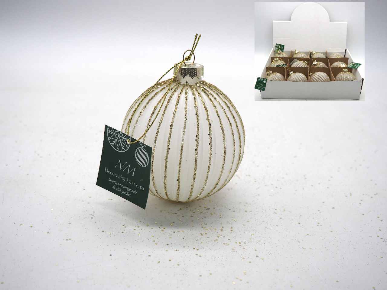 Palla vetro bianco opaco c/glitter oro 8cm