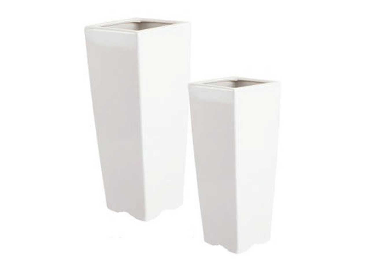 Set da 2 - Vaso alto da interno in ceramica moderno bianco latte a base quadrata, finitura laccata lucida - piccolo 20x20x38 cm, grande 27x27x49 cm
