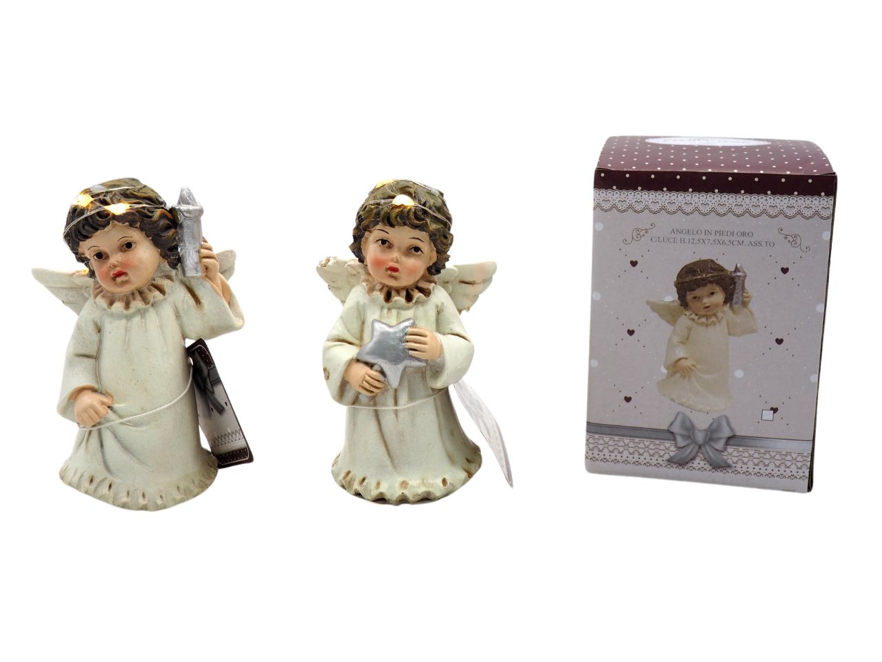 Statua angelo natalizio in resina con luce led e finitura opaca 12,5x7,5x6,5 cm - Creare Italia