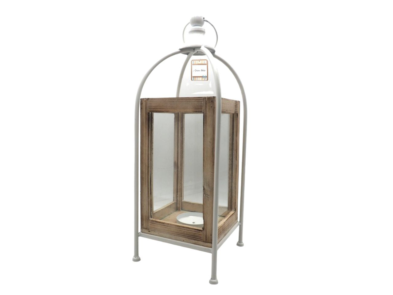 Lanterna grande da terra in legno vintage, metallo e vetro shabby chic, bianco e naturale, rettangolare per candela - 47x16,5x16,5cm - Creare