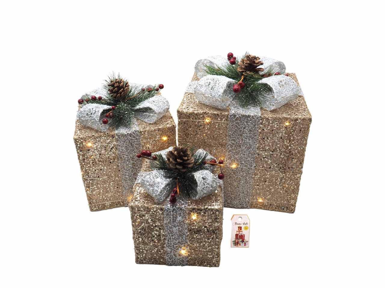 Set 3 pacco regalo tinsel champagne 15x15/20x20/25x25cm c/45led