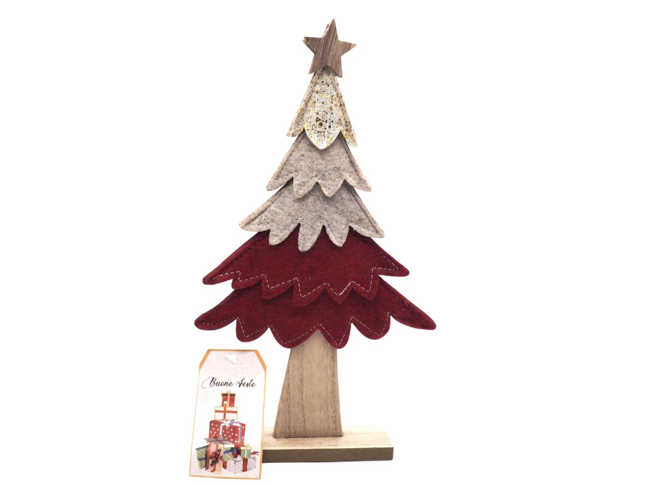 Albero di natale con base e stella in legno decorativo in panno rosso e beige 26x4x16 cm - Creare Italia