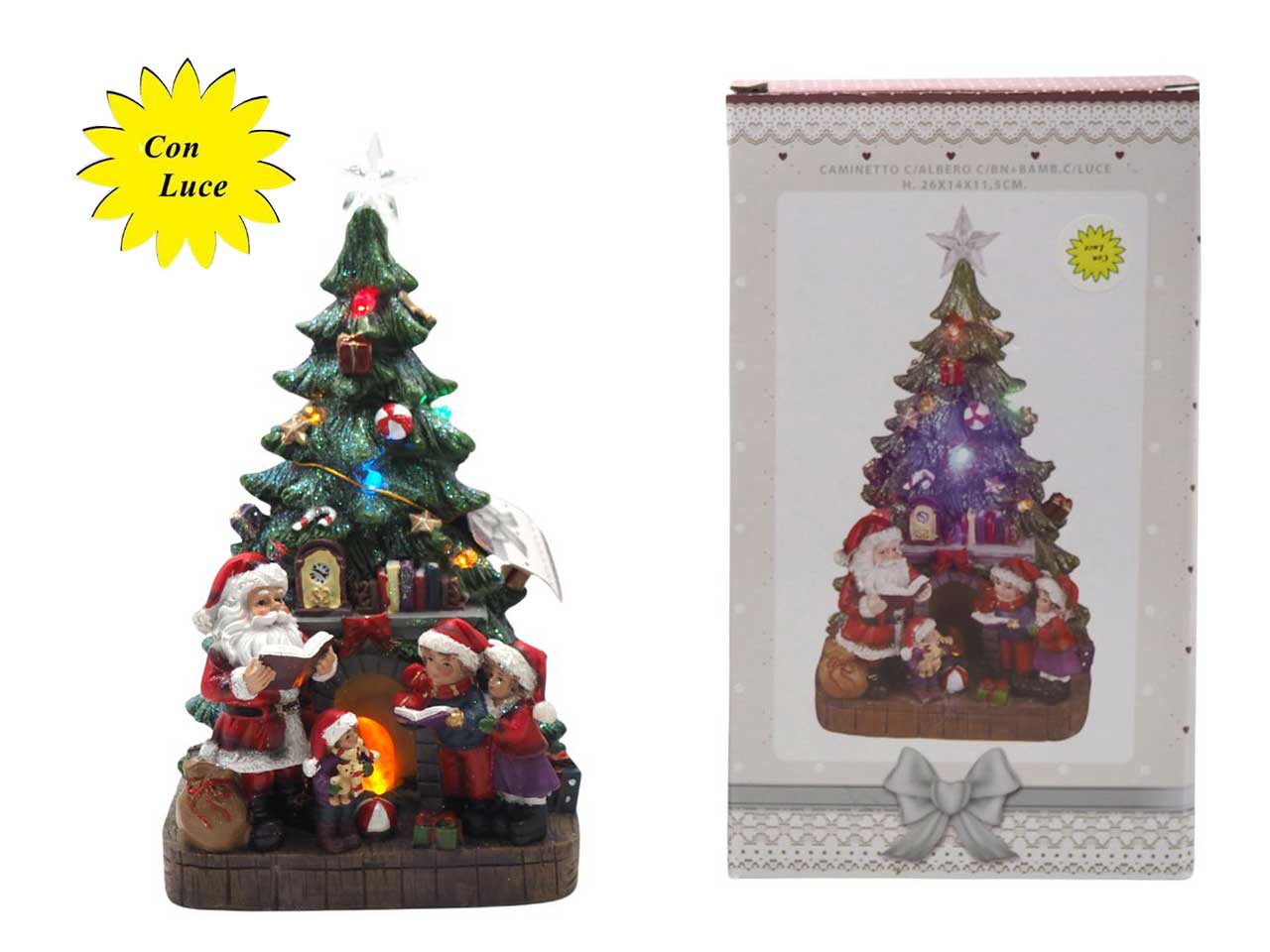 Caminetto con albero natalizio e luci led multicolor in resina 26x14x11,5 cm - Creare Italia