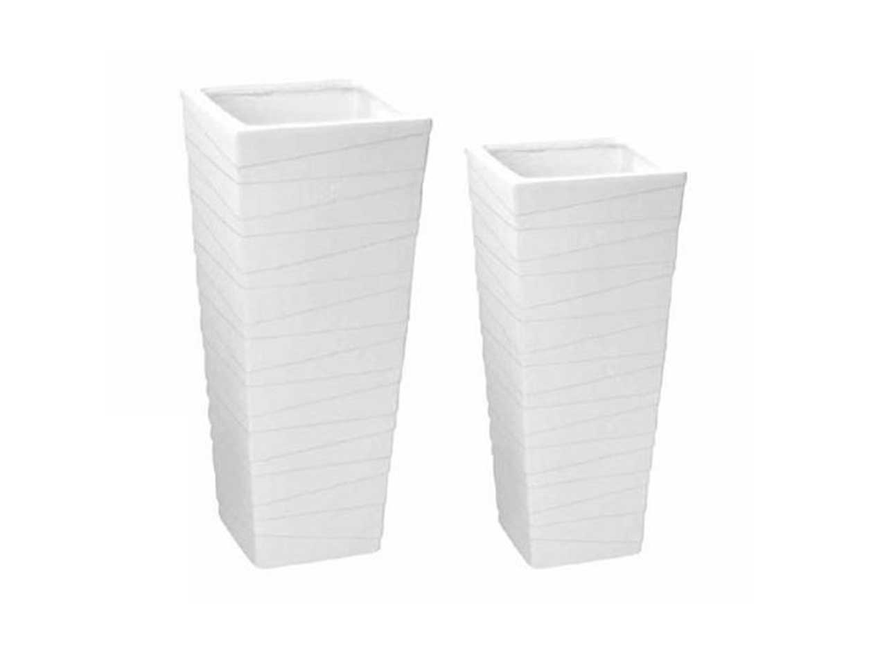 Vaso alto per interno in ceramica moderno bianco a base quadrata con fantasia geometrica, finitura opaca - 27x27x54cm / 21x21x50cm - Creare