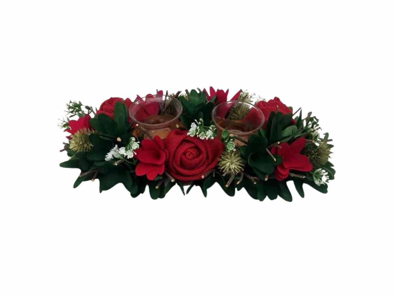 P.candela 2vetri juta rossa-bacche-pigne-fiori 34x16x8cm