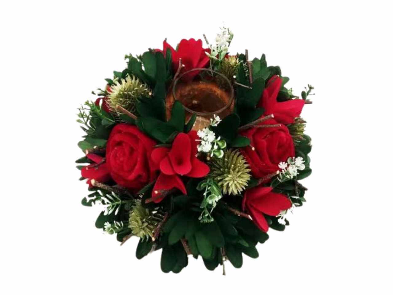 P.candela 1 posto vetro velluto rosso-bacche-pigne-fiori. diam 23 x h 10