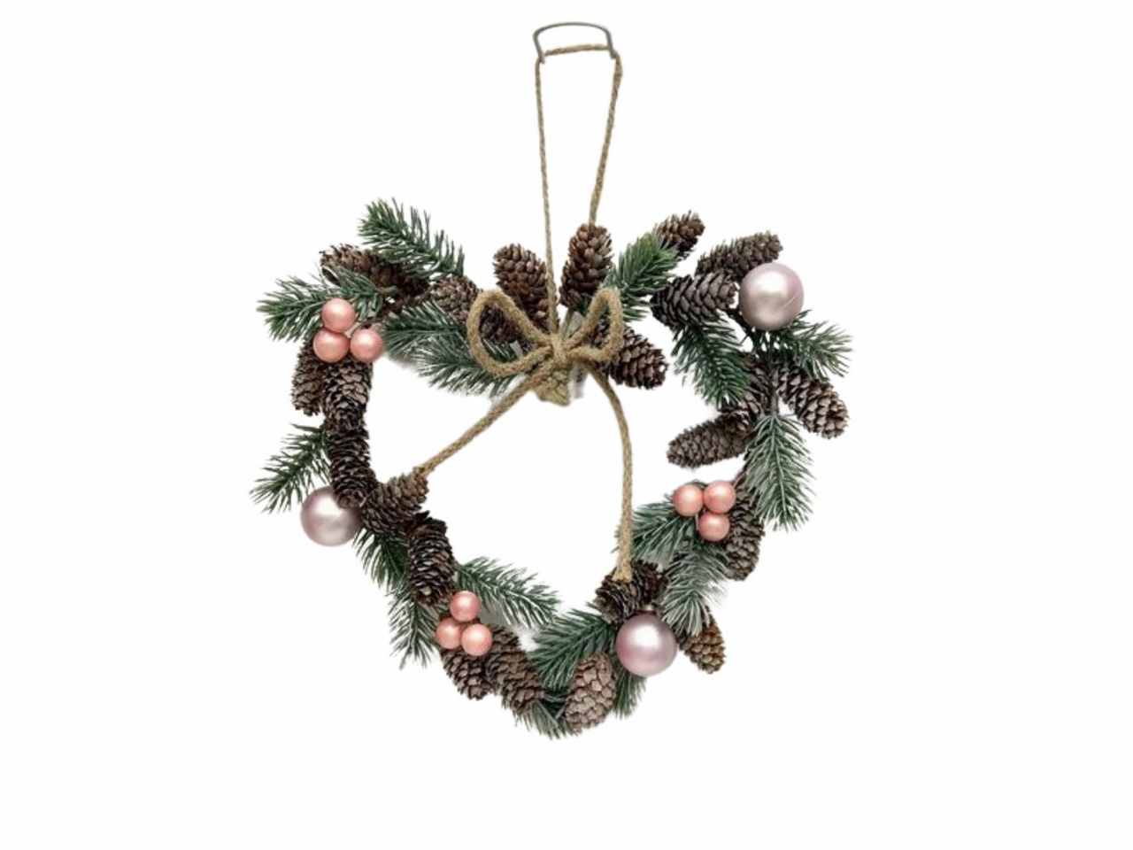 Corona cuore bacche rosa e pigne in pe h5x28x28cm