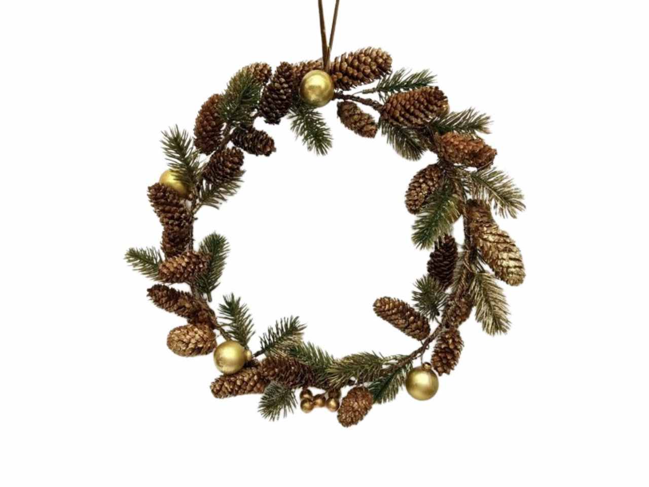 Corona bacche oro e pigne in pe d32cm h4cm