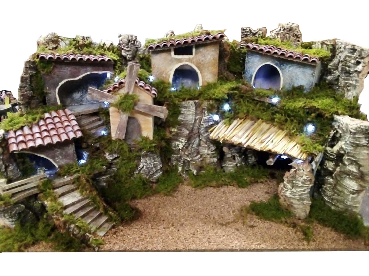 Scenario presepe led con grotta, mulino e casette in legno naturale cm78x38x45 - Creare Italia