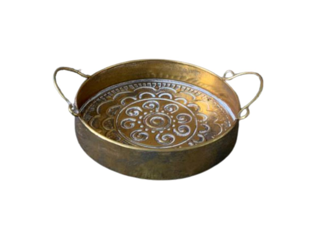 Vassoio centrotavola rotondo in metallo stile etnico bronzo con effetto antichizzato - 35x9 cm - Creare