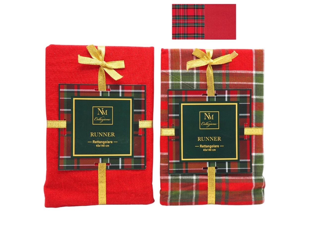 Runner da tavola natalizio rosso in fibre metallizzate monocromatico e tartan 45x140 cm - Creare Italia