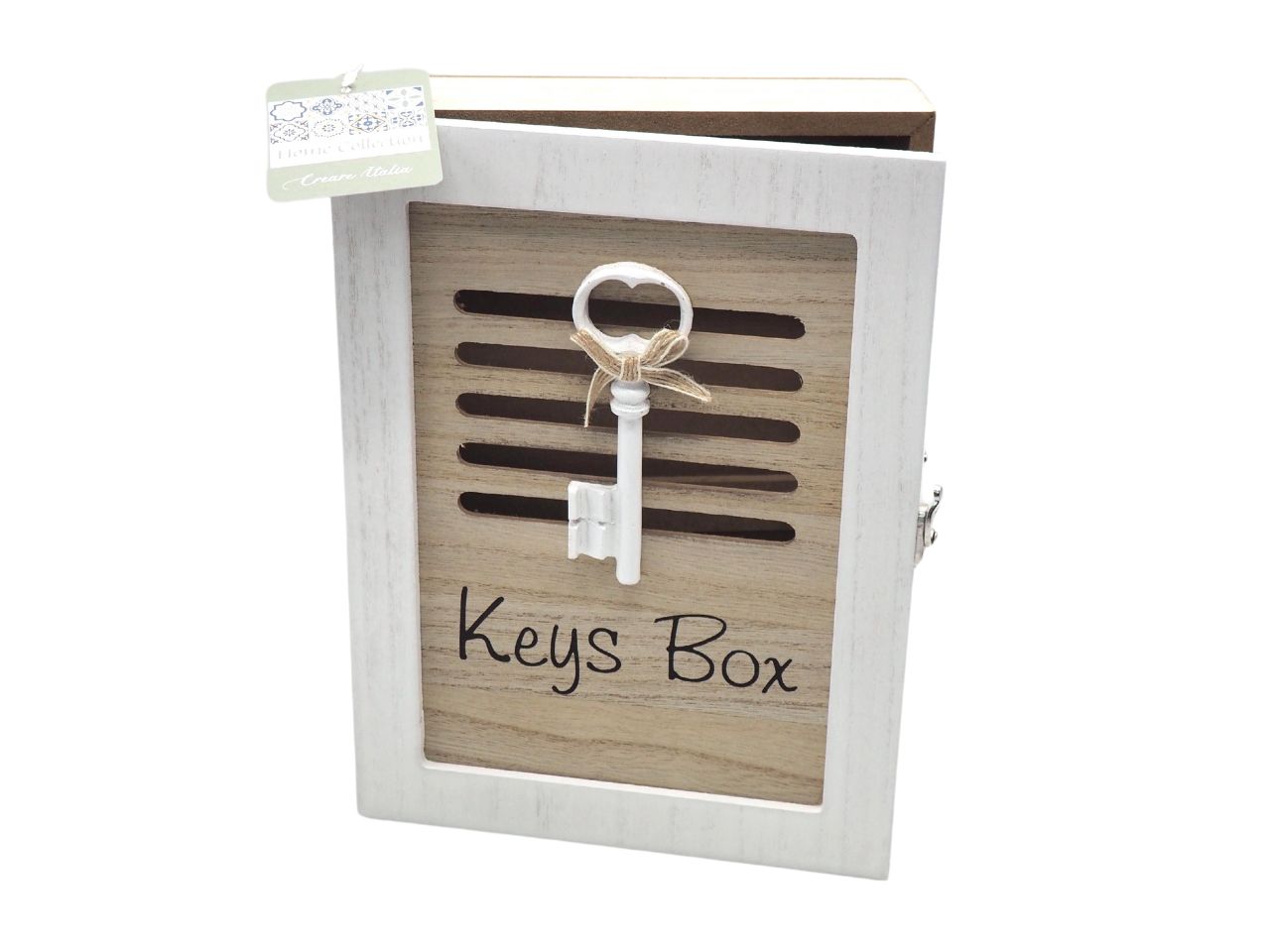 Porta chiavi in legno bianco shabby chic con sportellino e 6 ganci 26x19,5x5 cm - Creare Italia