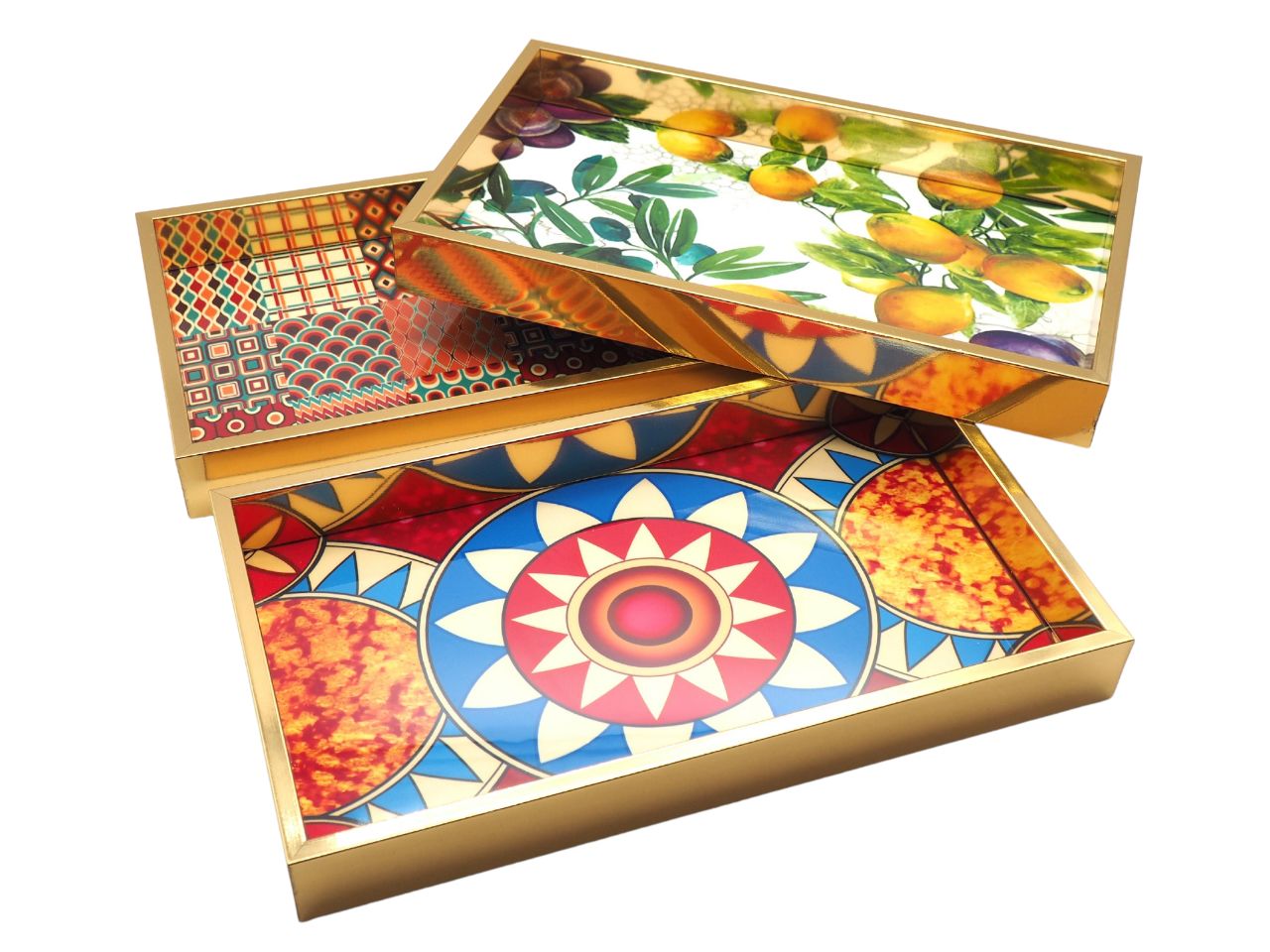 Vassoio centrotavola rettangolare in legno con bordo dorato, moderno, colori e fantasie assortite - 35x20x4 cm - Creare