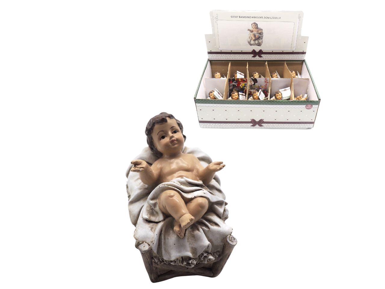Statua Gesù bambino multicolor in resina supino nella culla 9x10x5,5 cm per presepe - Creare Italia
