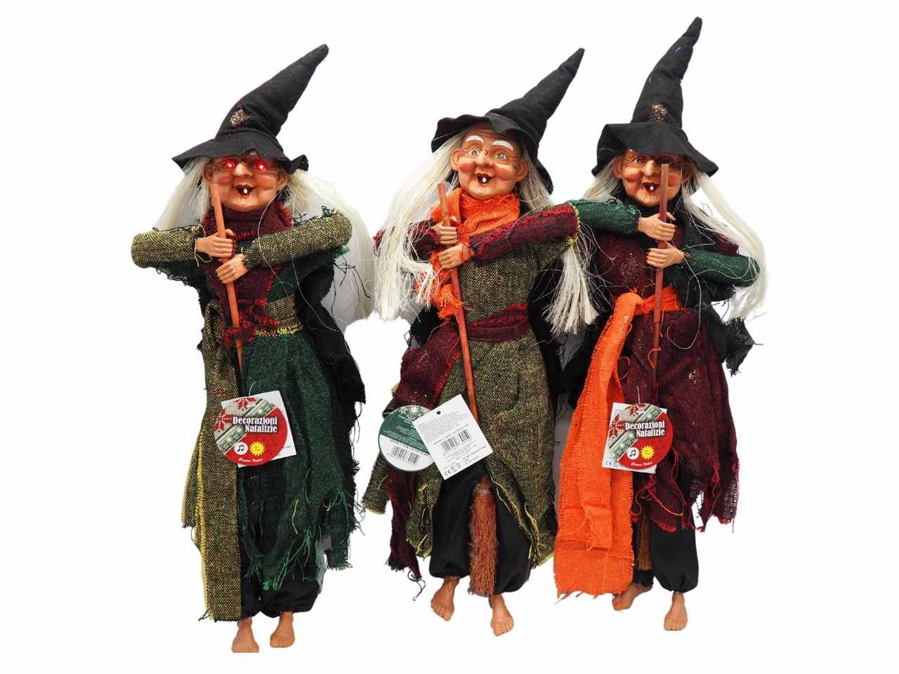 Befana misura h.40cm con scopa, musica e luce da appendere in 3 colori assortiti