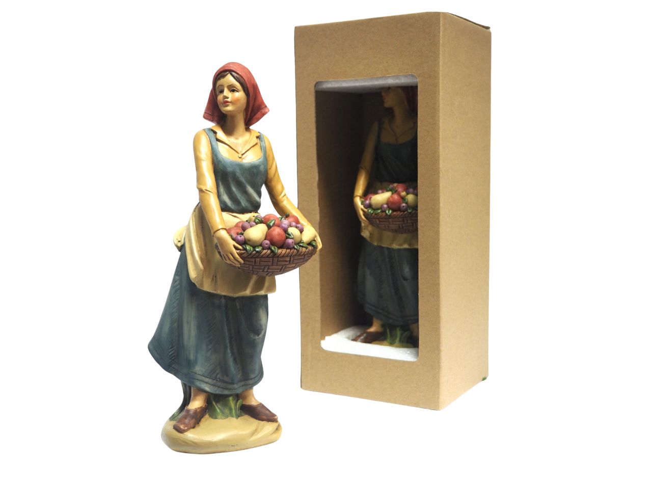 Statua donna con cesto frutta 30cm multicolor in resina per presepe - Creare Italia