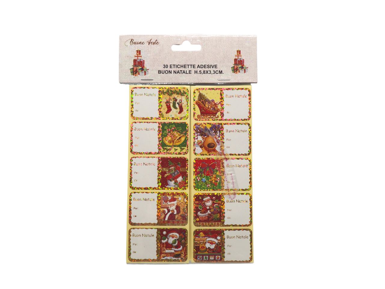 Etichette adesive 30 pezzi buon natale h.5,8x3,3cm