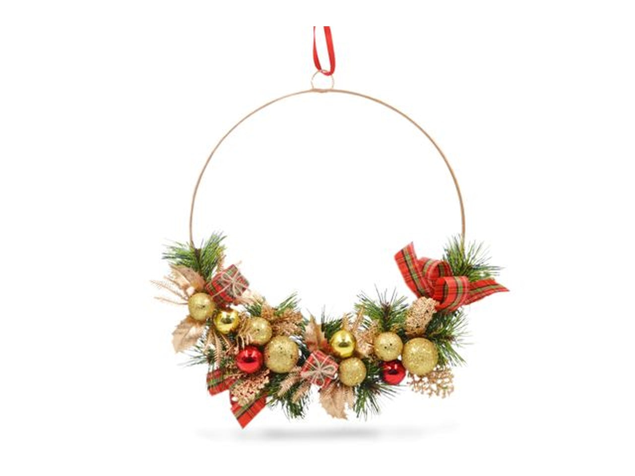 Dietroporta natalizio in metallo dorato con pacchi regalo, palline e agrifoglio 30/39 cm - Sud Import