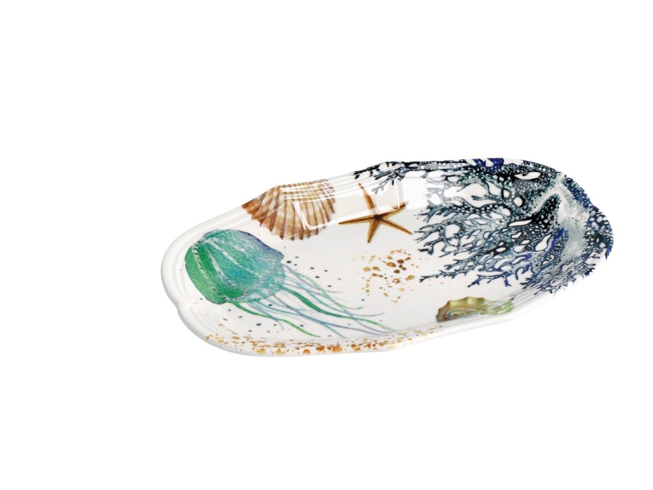 Vassoio ovale in ceramica con fantasia marina, stile marinaro, lavabile in lavastoviglie, 3 colori disponibili - 26,5x16,5xh.3cm - Star