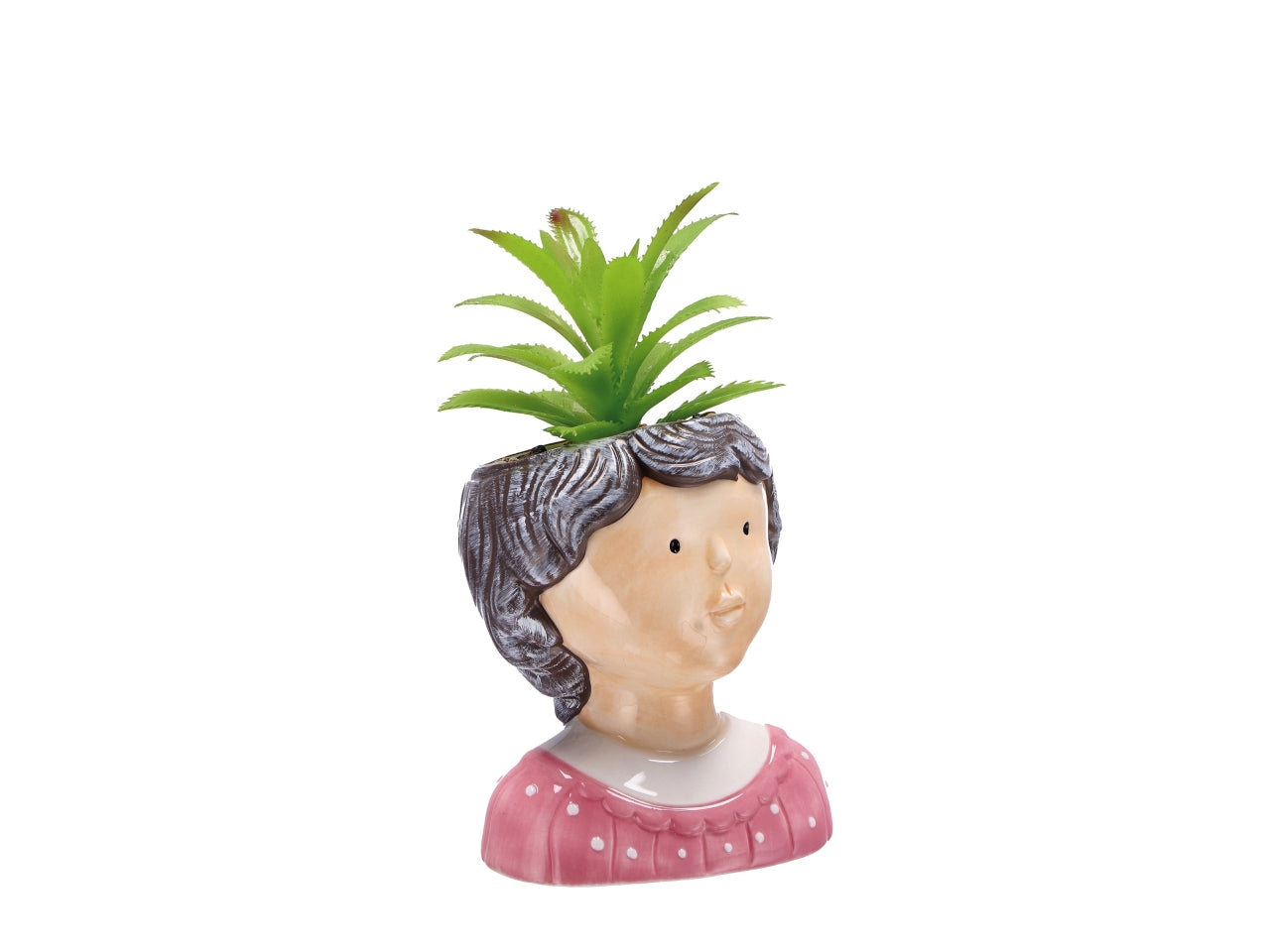 Piantina grassa artificiale con vaso in ceramica testa di donna, multicolor, vintage e realistico con fogliame opaco - disponibile in 3 colori - 9x8xh.15cm - Star