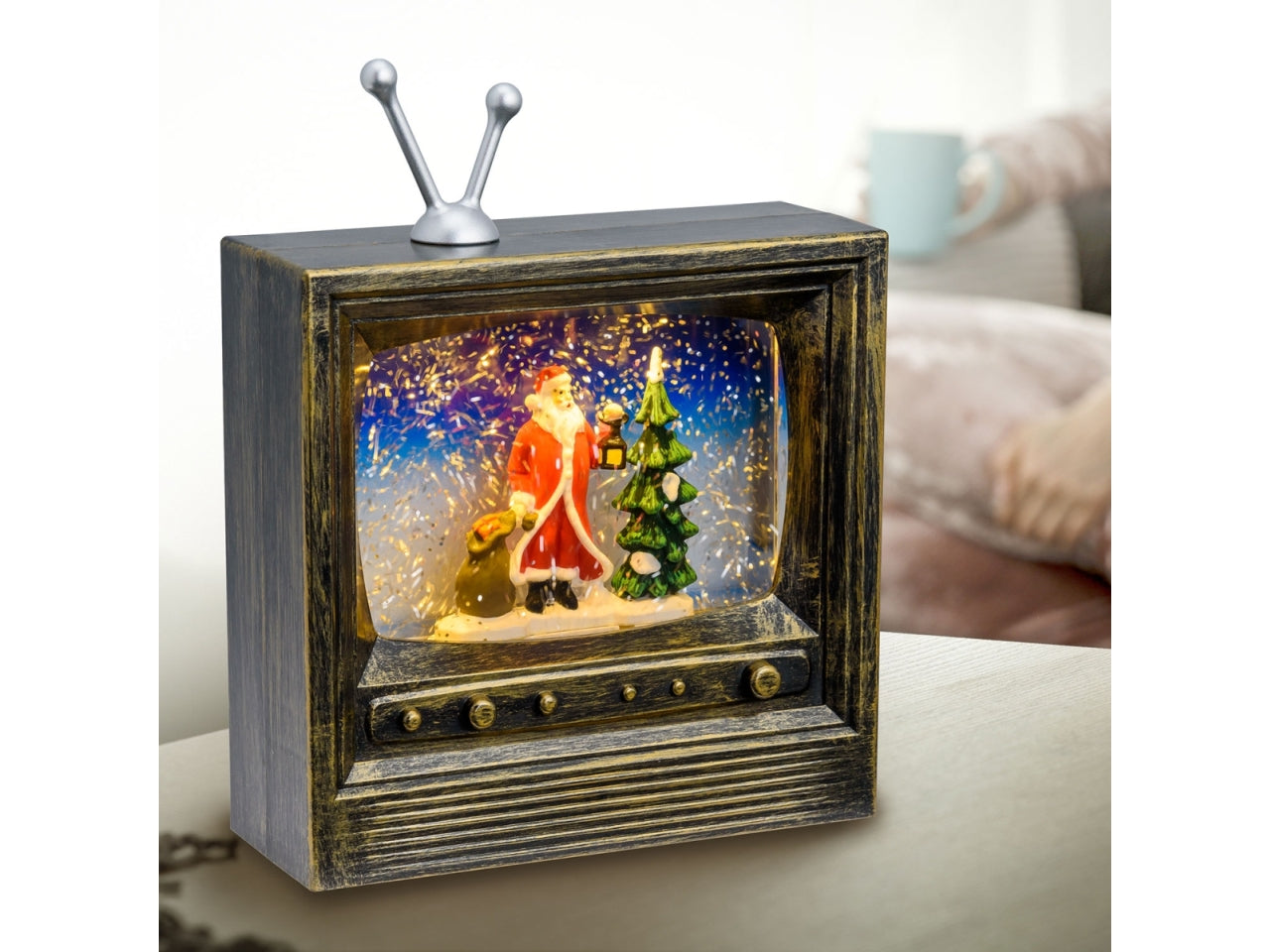 Palla di vetro natalizia a forma di tv decorata in plastica marrone antichizzato con glitter e led 19x7x27 cm - XmasKing
