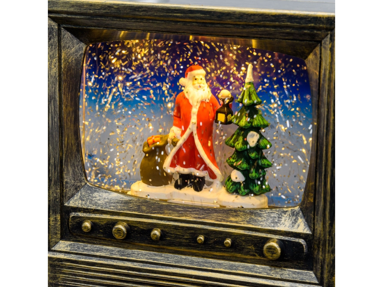 Palla di vetro natalizia a forma di tv decorata in plastica marrone antichizzato con glitter e led 19x7x27 cm - XmasKing