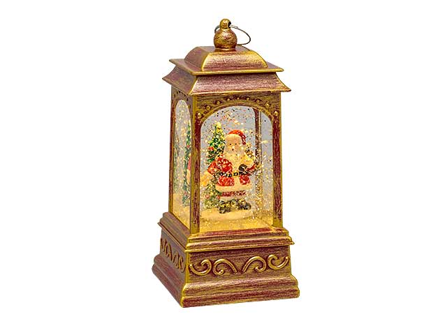 Lanterna rettangolare decorata h.20,5cm plastica rosso antico oro glitter led bianco caldo scintillante a batteria ip20 interno portatile 9x9xh.20,5cm
