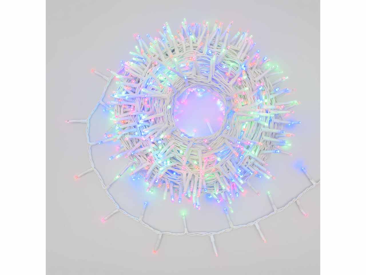 Catena luci 1000 miniled multicolor fluo 7 giochi di luce con timer , cavo bianco uso esterno 34,5 metri