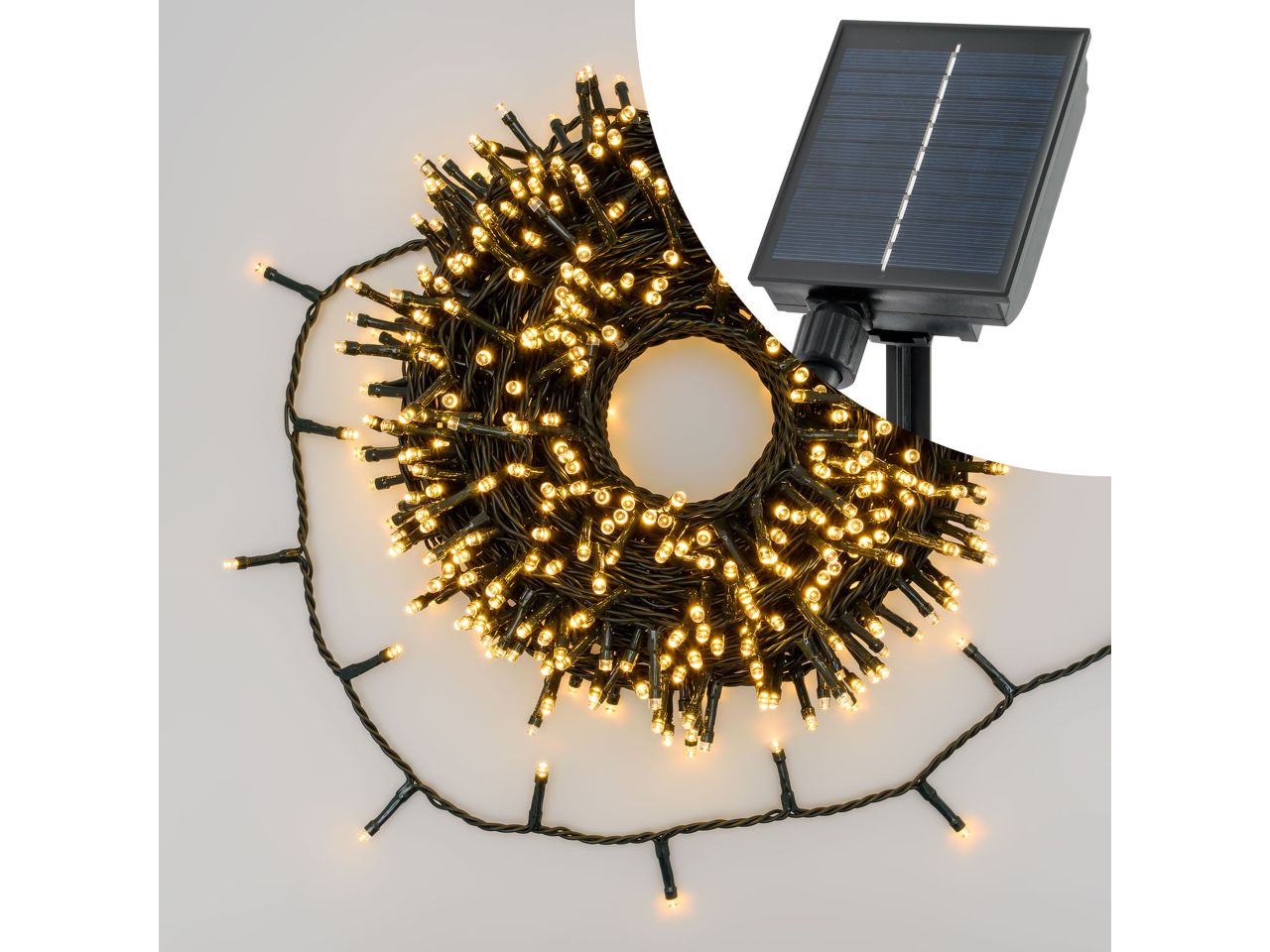 Catena di luci lineare solare misura 20m con 400 led bianco caldo per uso esterno