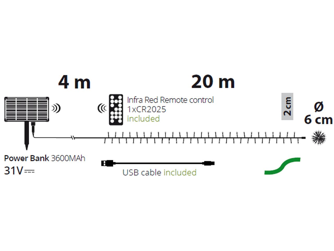 Catena di luci lineare solare misura 20m con 1000 led bianco caldo per uso esterno
