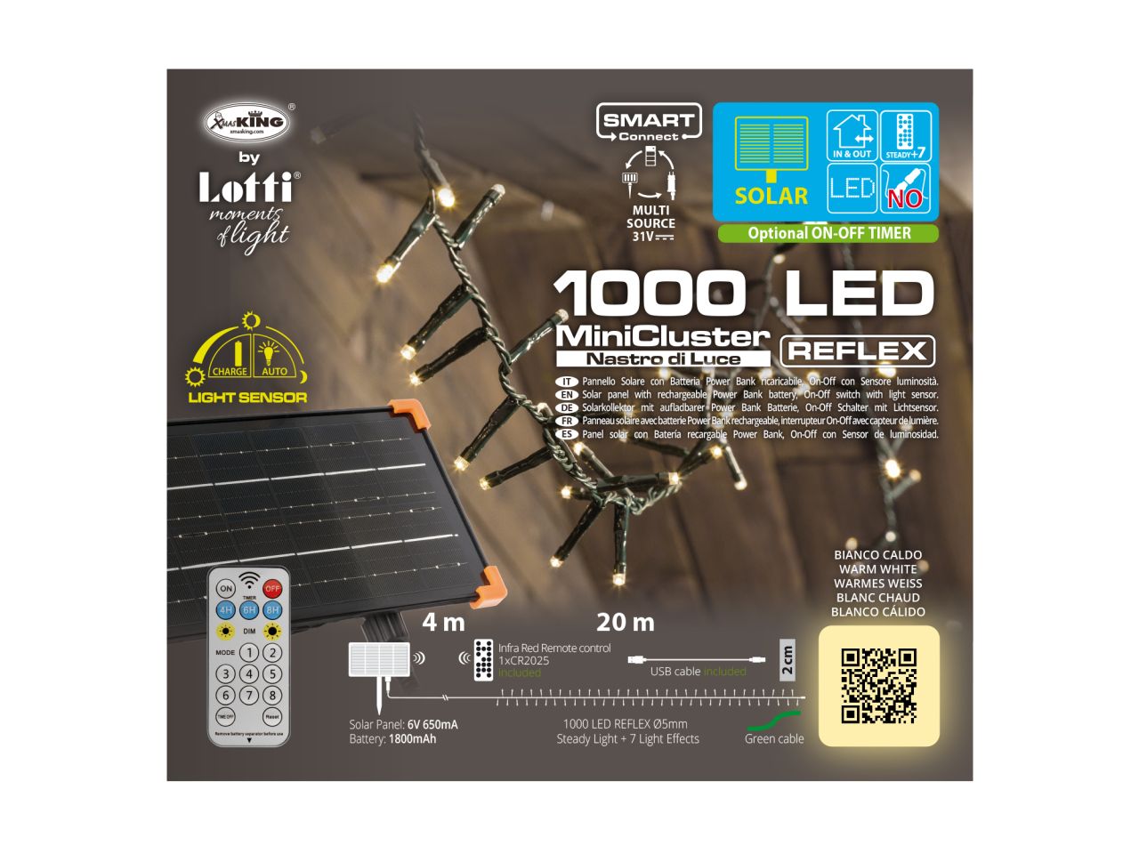 Catena di luci lineare solare misura 20m con 1000 led bianco caldo per uso esterno