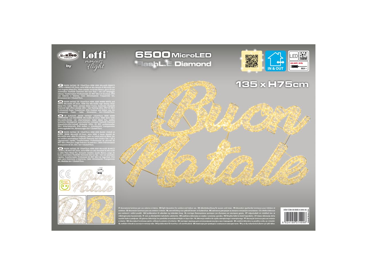 Buon natale 3d 135xh.75cm hdm 6500 microled bianco caldo e bianco d.1,5mm gioco luce automatico flashled diamond con led luce fissa e led lampeggianti trasformatore gs uso esterno e interno 6m+135x4xh.75cm