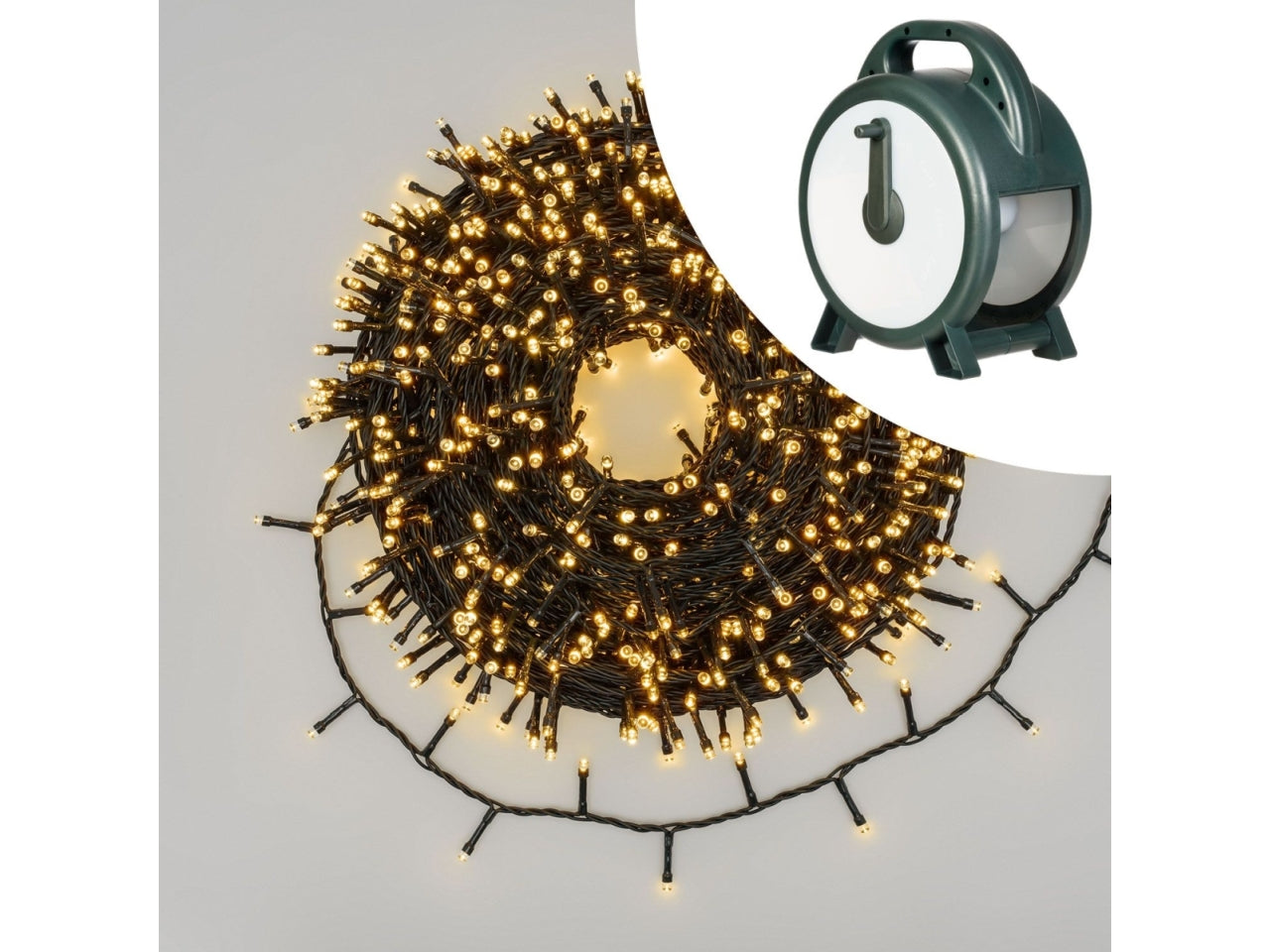 Catena di luci con avvolgitore 60m con 1500 led bianco caldo esterno/interno, cavo verde - XmasKing