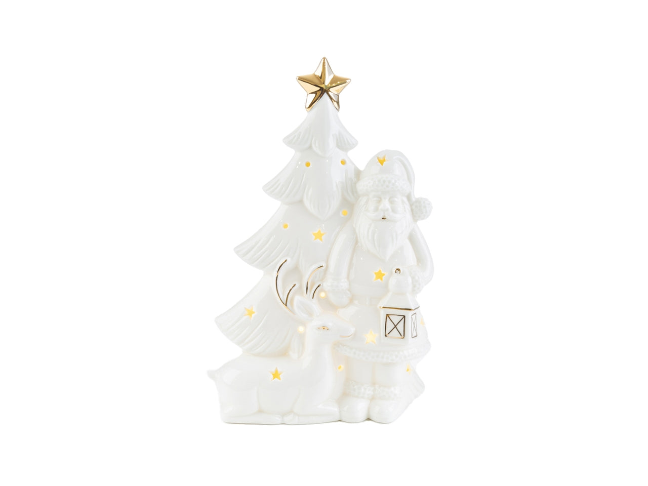 Statua Babbo Natale e albero con luce led in porcellana bianco latte e dorato finitura lucida 15x7h.23 cm - Le Stelle