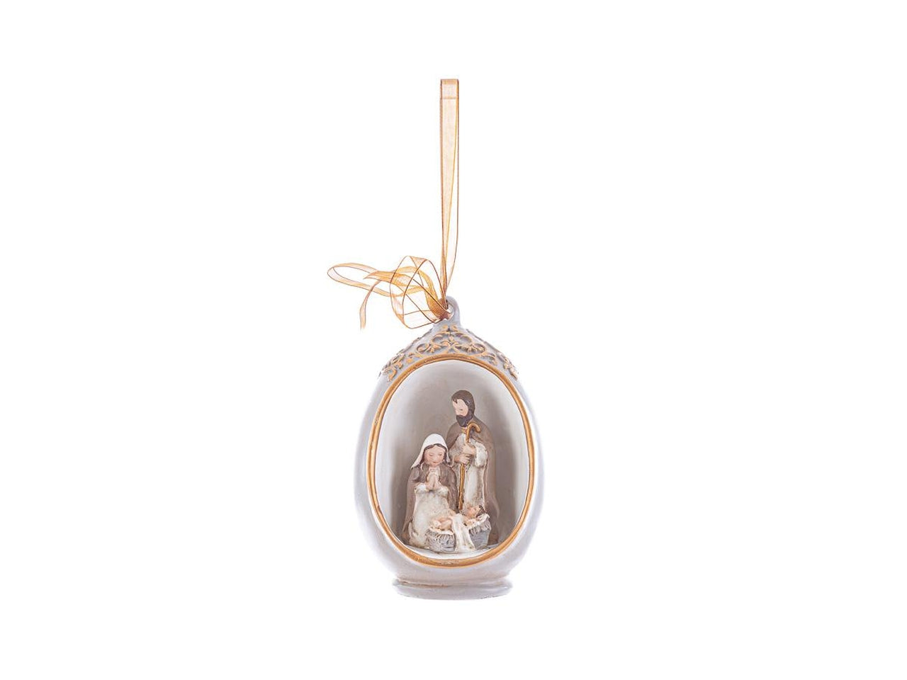 Appendino natalizio Sacra Famiglia con luce led in resina avorio, grigio e dorato 6x7xh.10 cm - Le Stelle