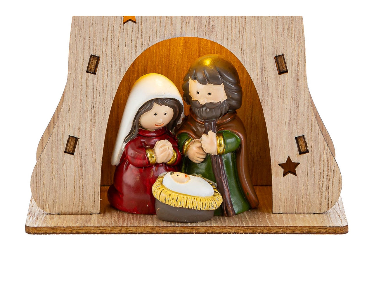 Appendino sacra famiglia in resina colorata campana di legno 8,5x4xh.11cm