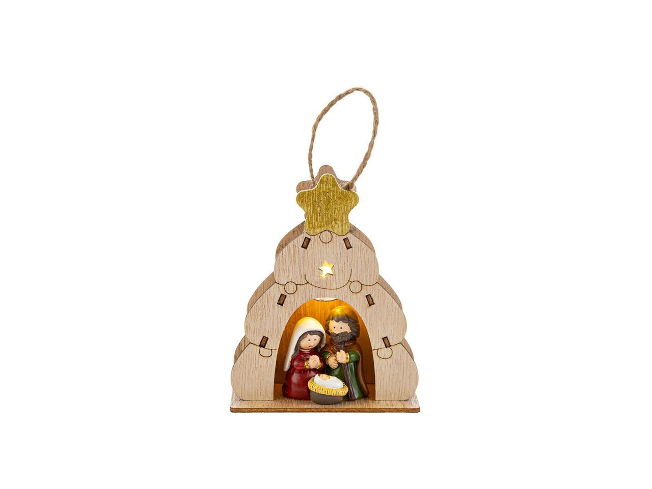 Appendino sacra famiglia in resina colorata albero di legno 9x4xh.11cm