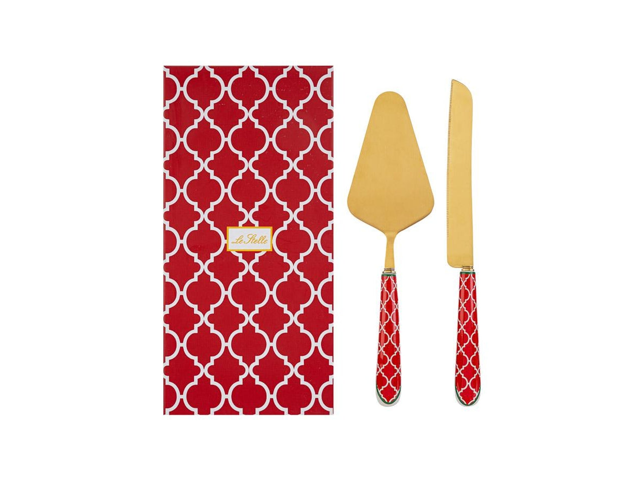 Taglia torta e coltello natalizio in ceramica e metallo rosso e dorato con scatola regalo 28 cm - Le Stelle