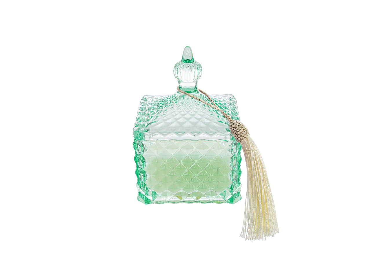Candela profumata acqua marina e fior di cotone, vasetto vetro verde e cera, forma quadrata con shopper avorio, 9,5x9,5x14 cm - Le Stelle