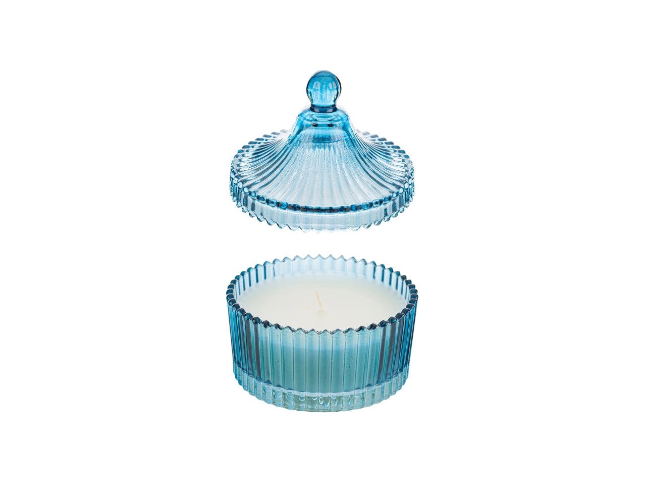 Candela profumata oceano e muschio bianco, vasetto in vetro decorato a rilievo azzurro con shopper in cartone avorio, 6,5xh.9 cm - Le Stelle