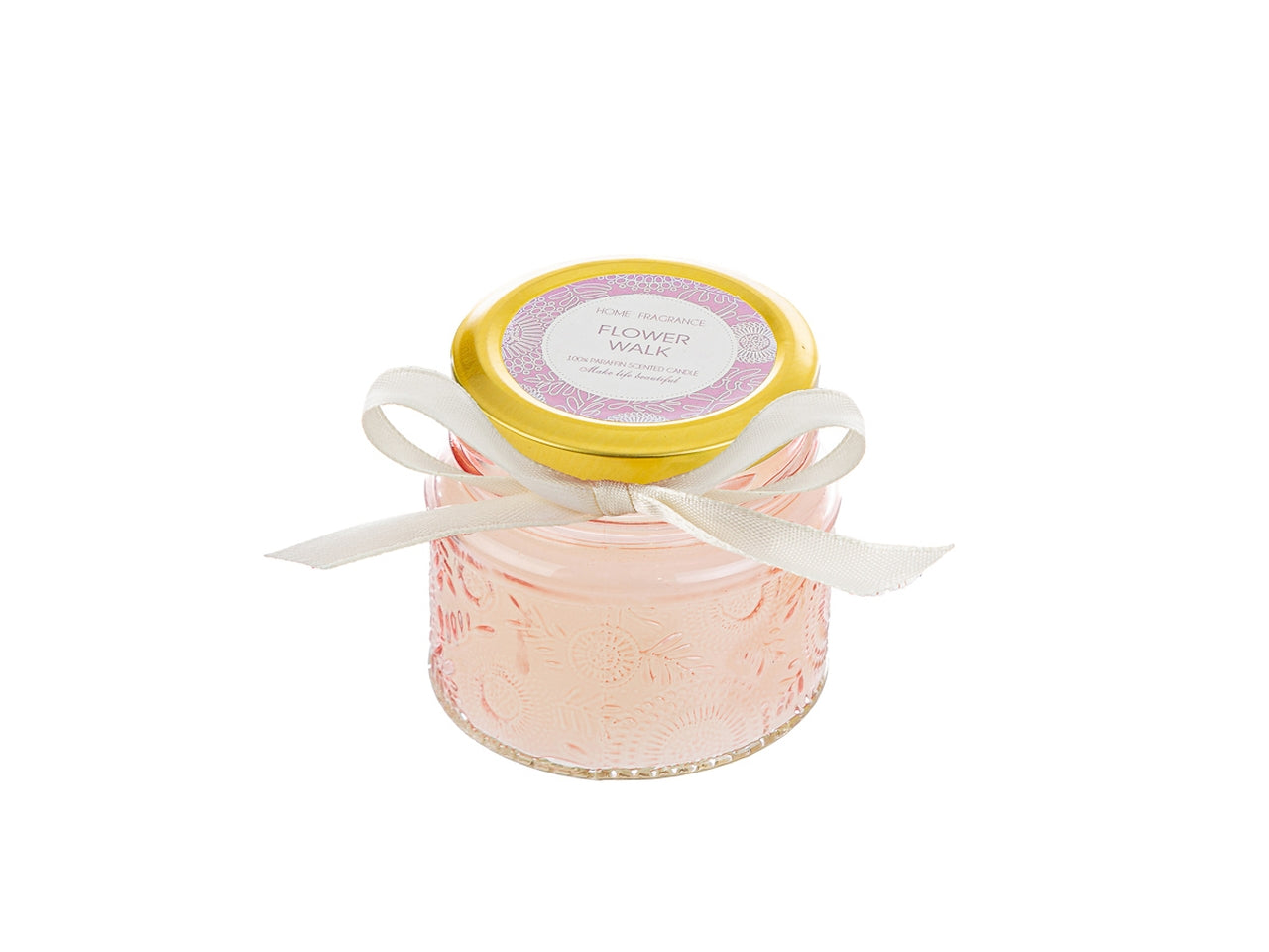 Candela profumata rosa inglese e vaniglia, vasetto in vetro decorato a rilievo rosa con shopper avorio, d.6,5xh.6 cm - Le Stelle