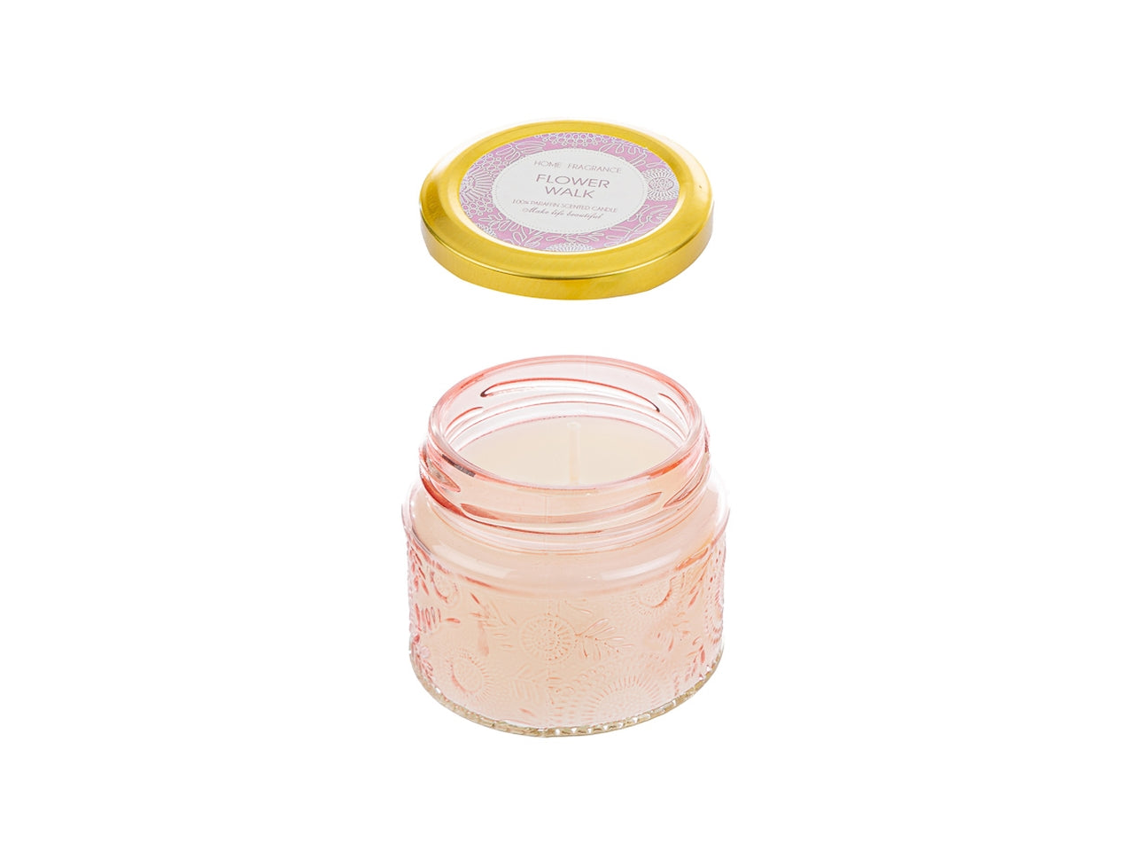 Candela profumata rosa inglese e vaniglia, vasetto in vetro decorato a rilievo rosa con shopper avorio, d.6,5xh.6 cm - Le Stelle