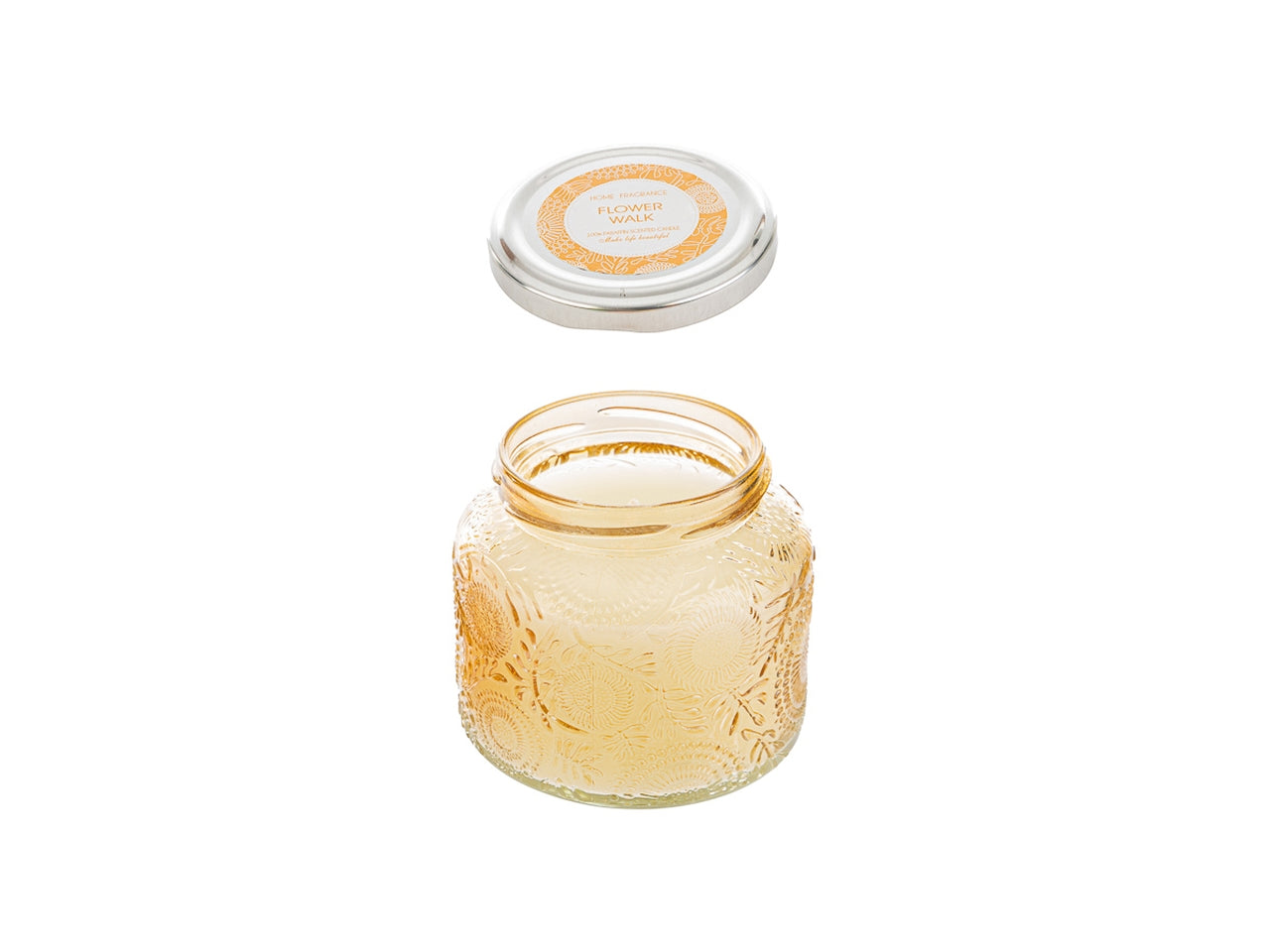 Candela profumata cannella e pepe bianco, vasetto in vetro decorato a rilievo ambra con shopper avorio, d.9xh.8 cm - Le Stelle