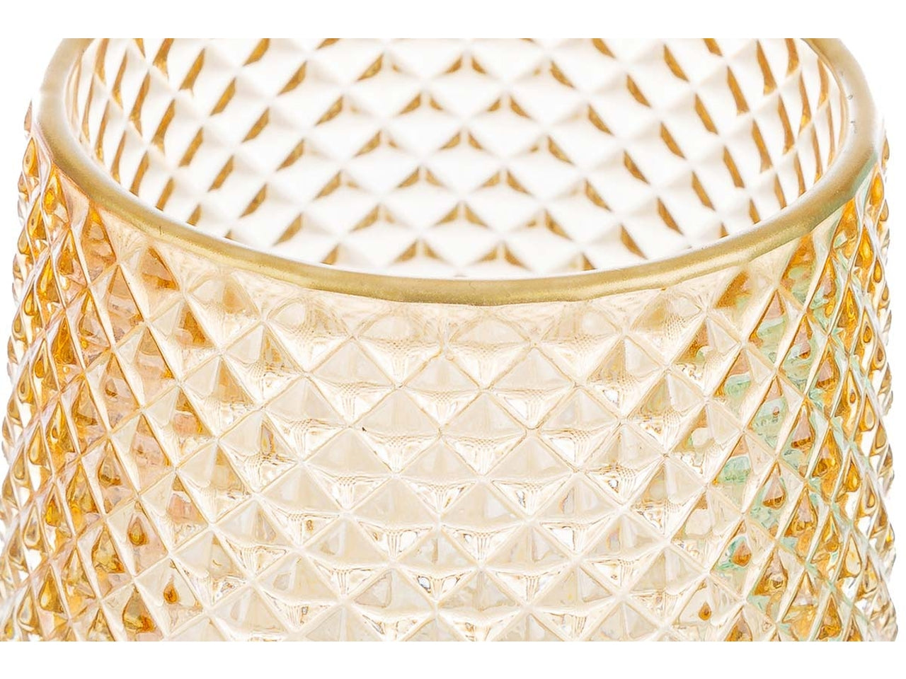 Portacandele classico in vetro ambra con decori a rilievo e bordino oro, 9xh.10 cm - Le Stelle